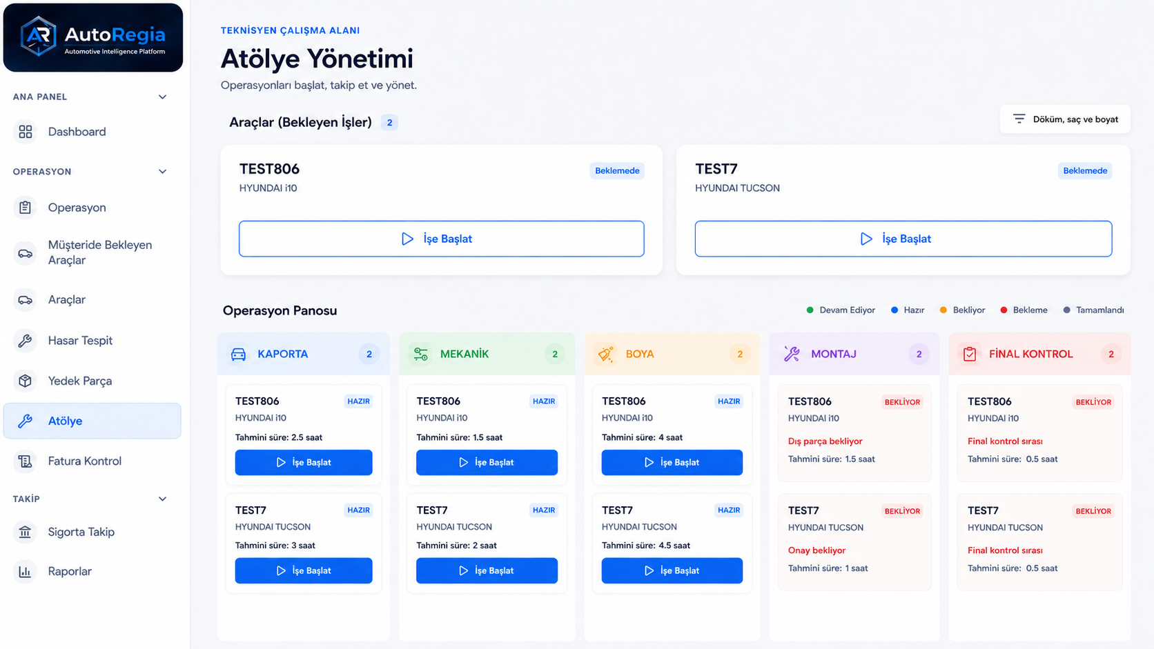 AutoRegia atölye yönetimi ekranı